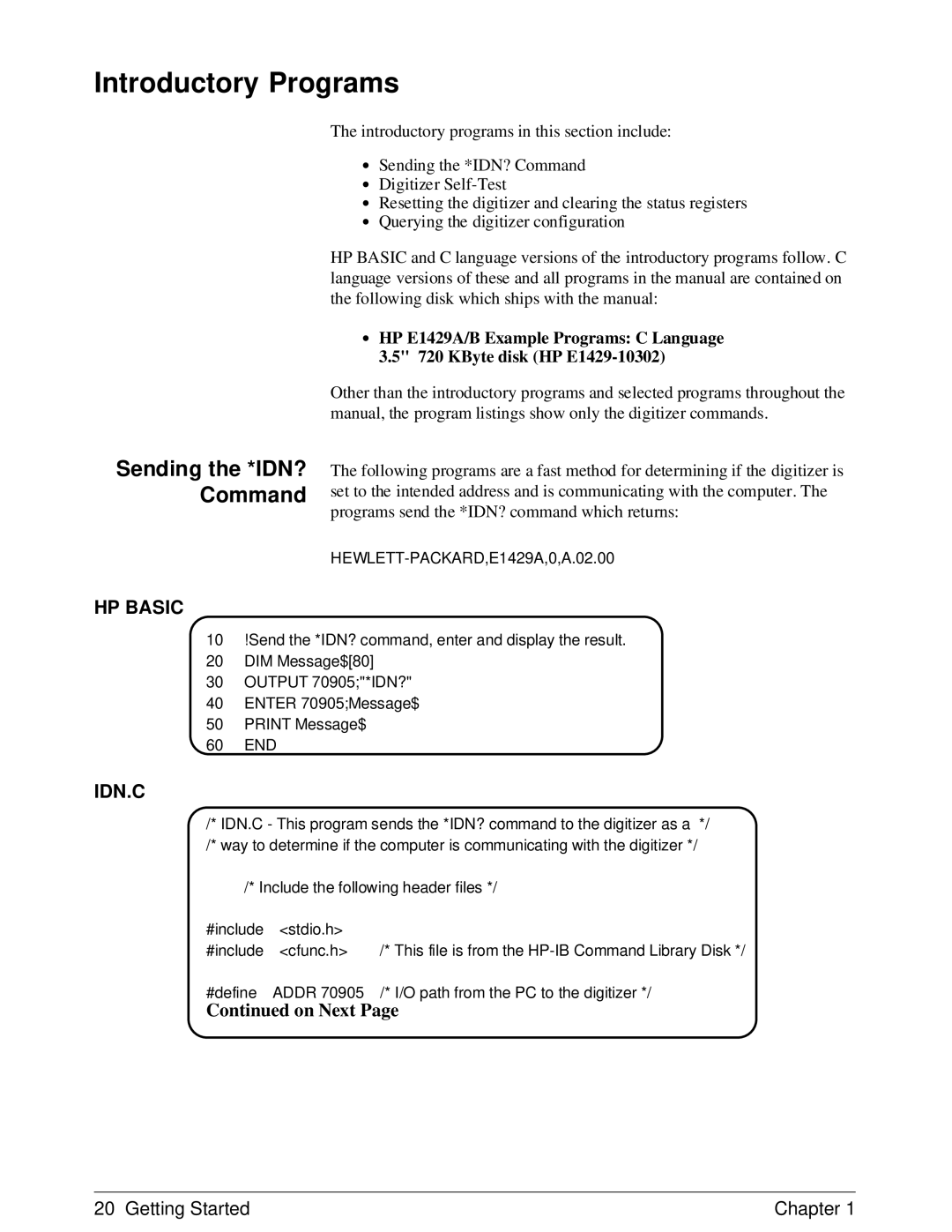 HP manual Introductory Programs, Sending the *IDN? Command, HEWLETT-PACKARD,E1429A,0,A.02.00 