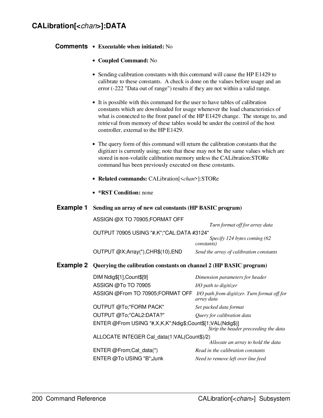 HP E1429A manual Comments ∙ Executable when initiated No ∙ Coupled Command No, Assign @X to 70905FORMAT OFF 