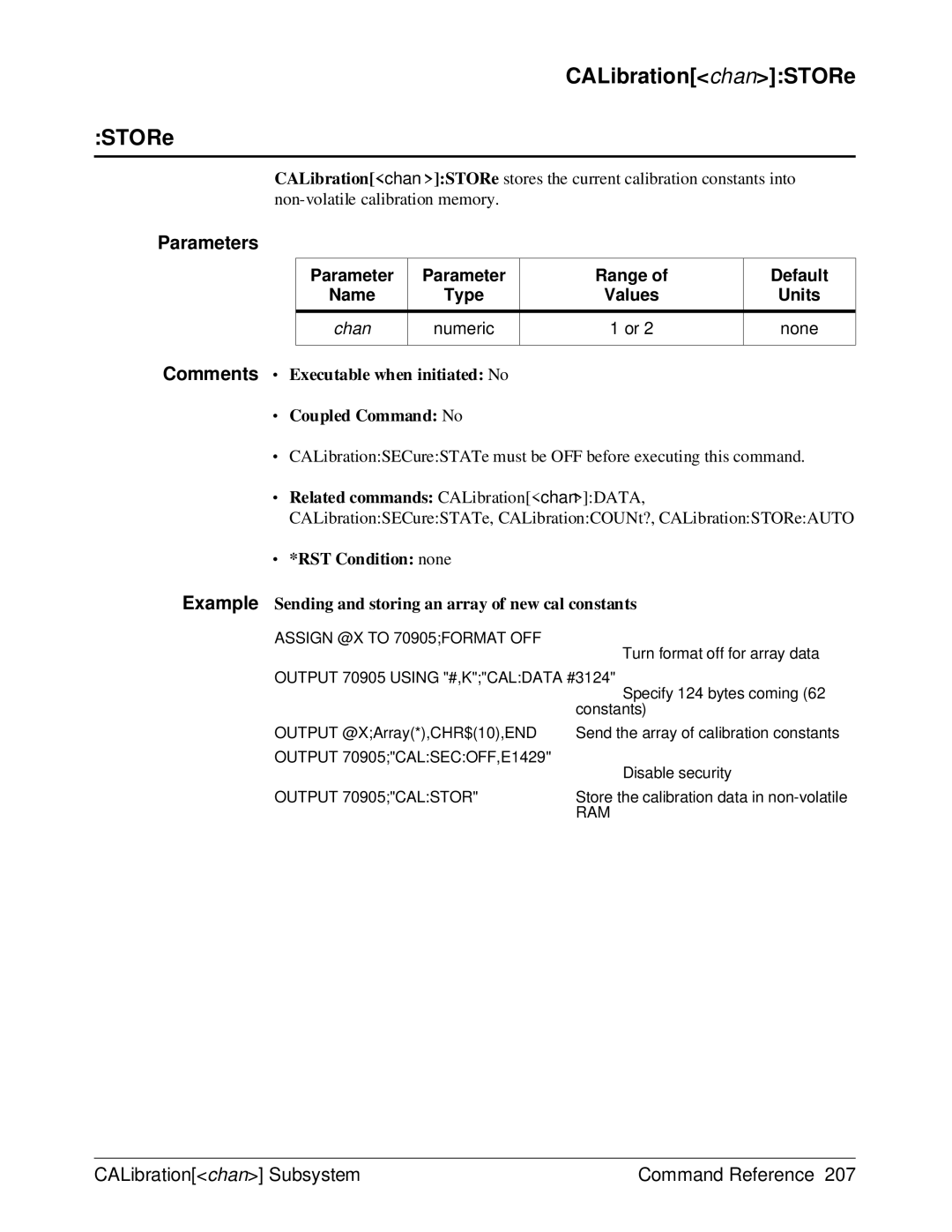 HP E1429A manual CALibrationchanSTORe, Parameter Range Default Name Type Values 