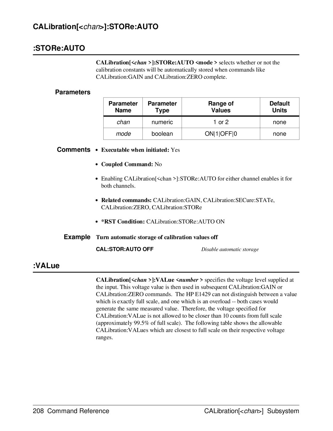 HP E1429A manual CALibrationchanSTOReAUTO, VALue, CALibrationchan STOReAUTO mode selects whether or not 