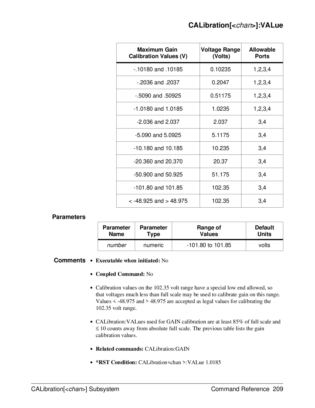 HP E1429A manual CALibrationchanVALue, Numeric 101.80 to Volts, ∙ Related commands CALibrationGAIN 