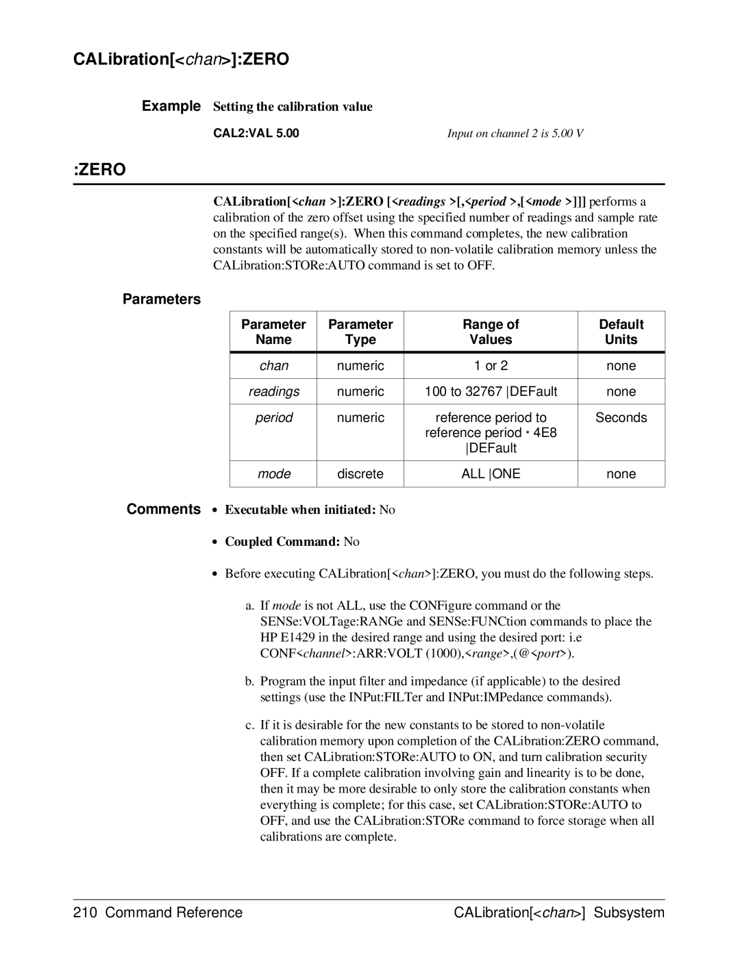 HP E1429A manual CALibrationchanZERO, Zero, Example Setting the calibration value 