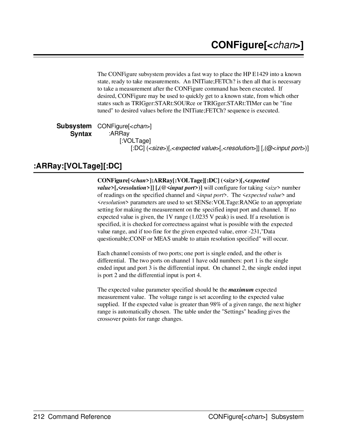 HP E1429A manual CONFigurechanARRayVOLTageDC size,expected 