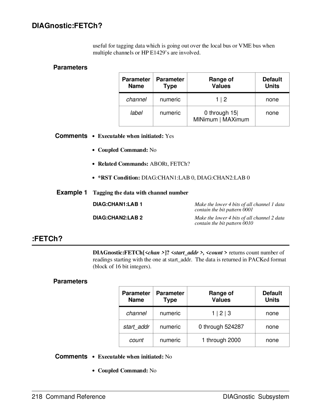 HP E1429A manual DIAGnosticFETCh?, ∙ Coupled Command No ∙ Related Commands ABORt, FETCh? 