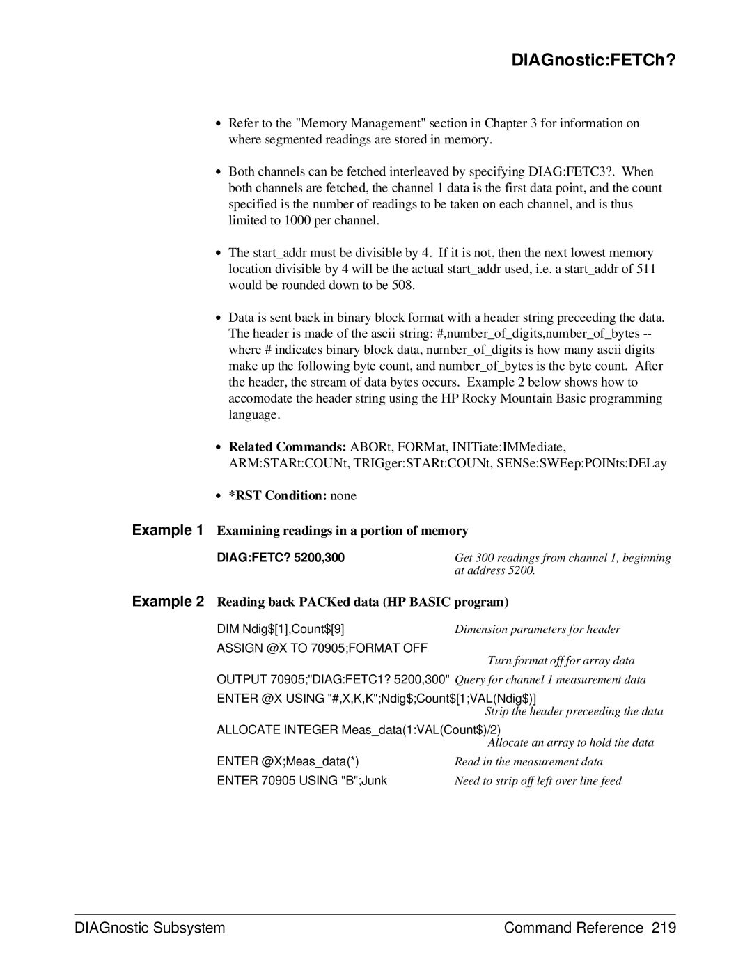 HP E1429A manual Example 2 Reading back PACKed data HP Basic program, Assign @X to 70905FORMAT OFF 