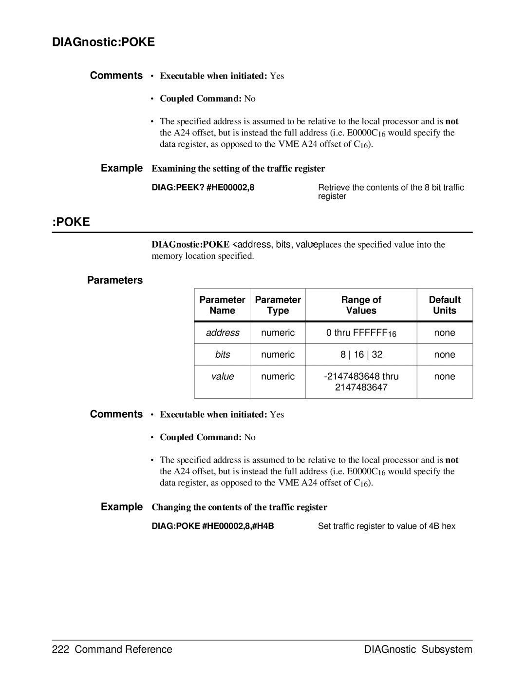 HP E1429A manual DIAGnosticPOKE, Poke, Example Examining the setting of the traffic register 