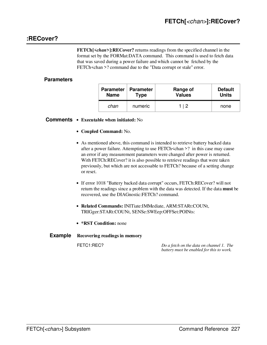 HP E1429A manual FETChchanRECover?, ∙ *RST Condition none Example Recovering readings in memory 