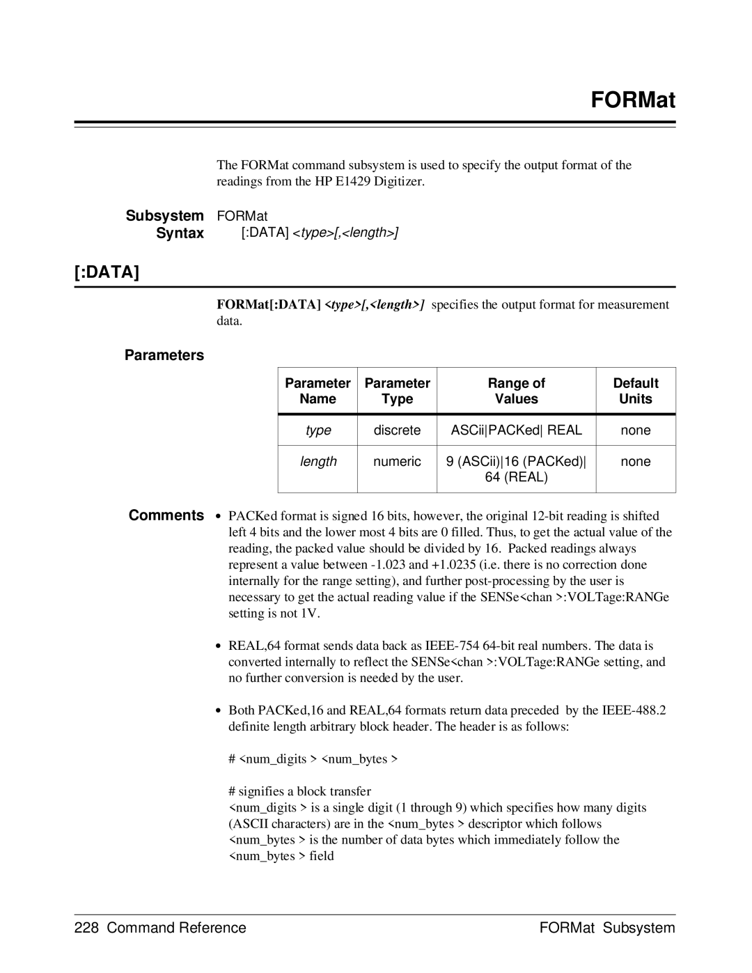 HP E1429A manual Subsystem FORMat 