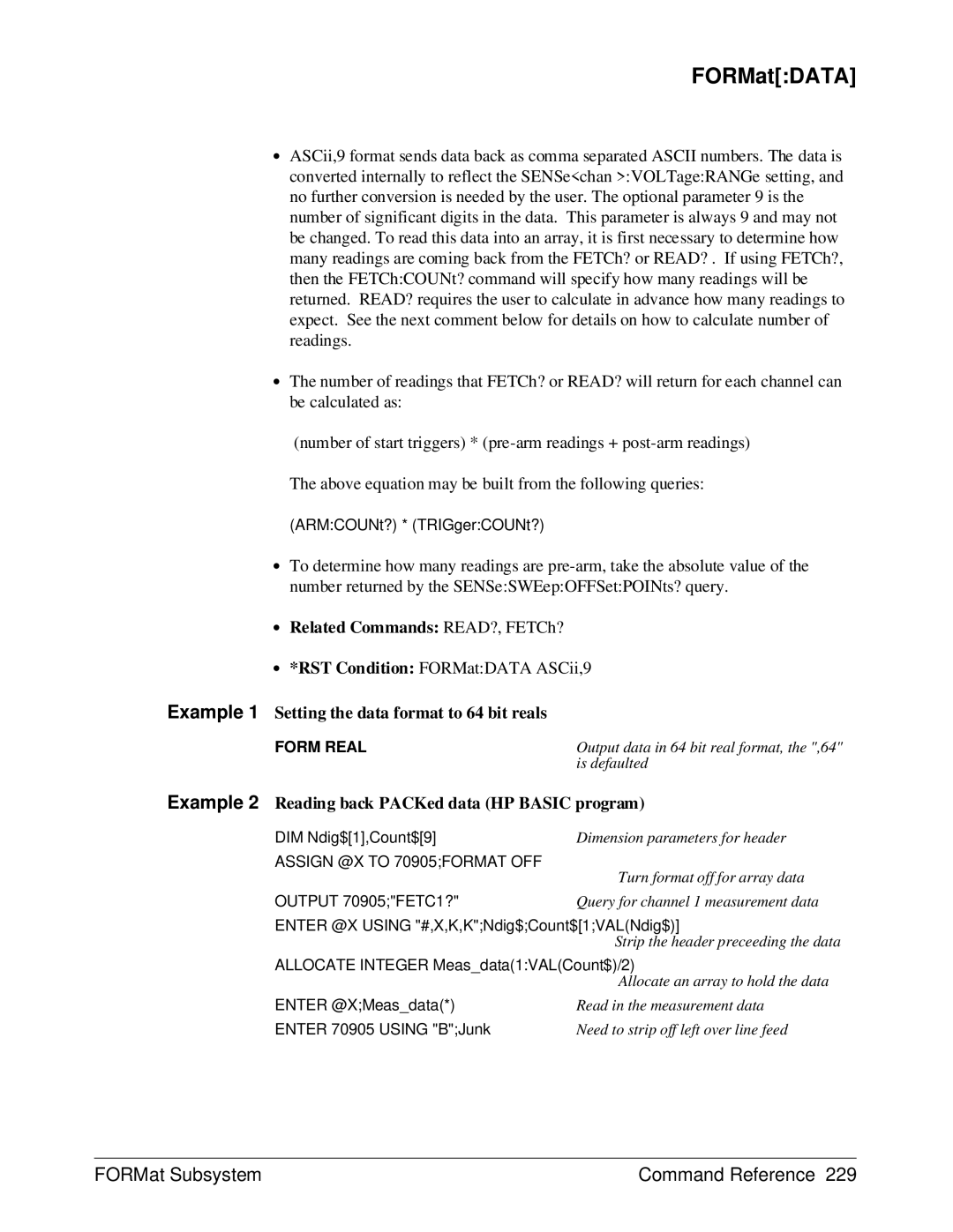 HP E1429A manual FORMatDATA, ∙ Related Commands READ?, FETCh?, Example 1 Setting the data format to 64 bit reals 