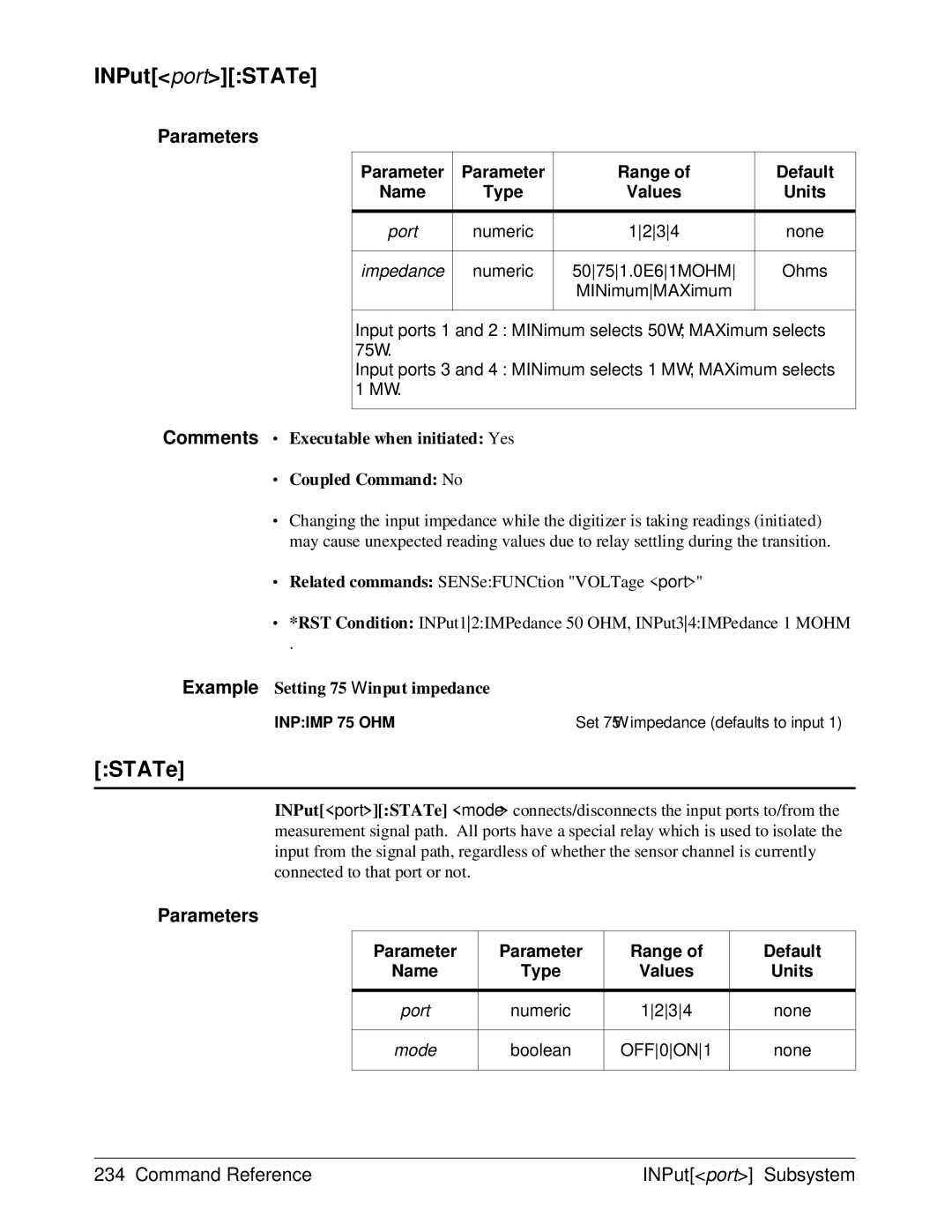 HP E1429A manual INPutportSTATe, Example Setting 75 Ω input impedance 