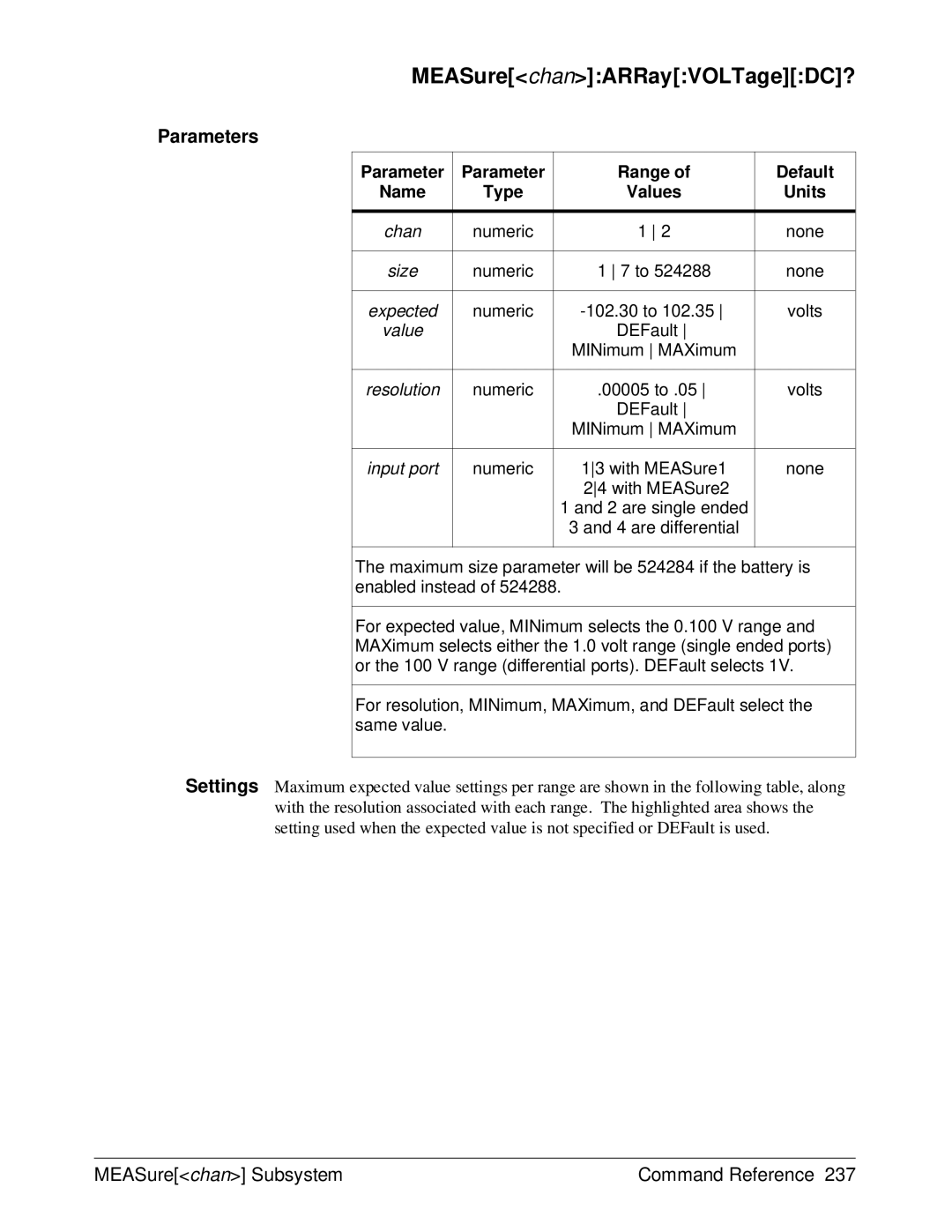 HP E1429A manual MEASurechanARRayVOLTageDC?, Parameters 