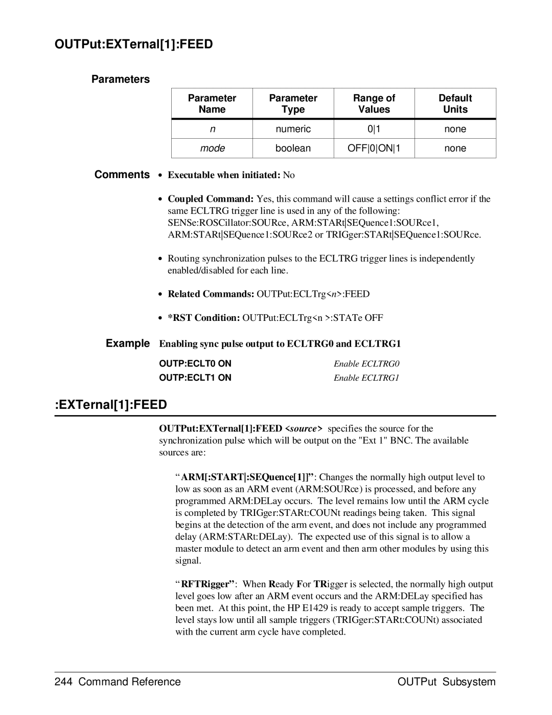 HP E1429A manual OUTPutEXTernal1FEED, Parameter Range Default Name Type Values Units, Boolean 