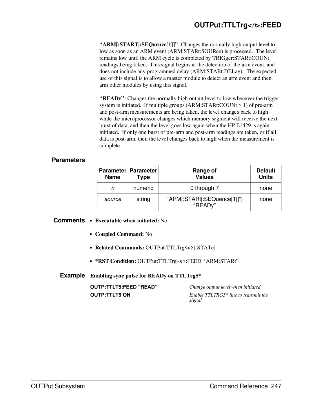 HP E1429A manual OUTPutTTLTrgnFEED, Numeric Through None, ARMSTARtSEQuence1 None 