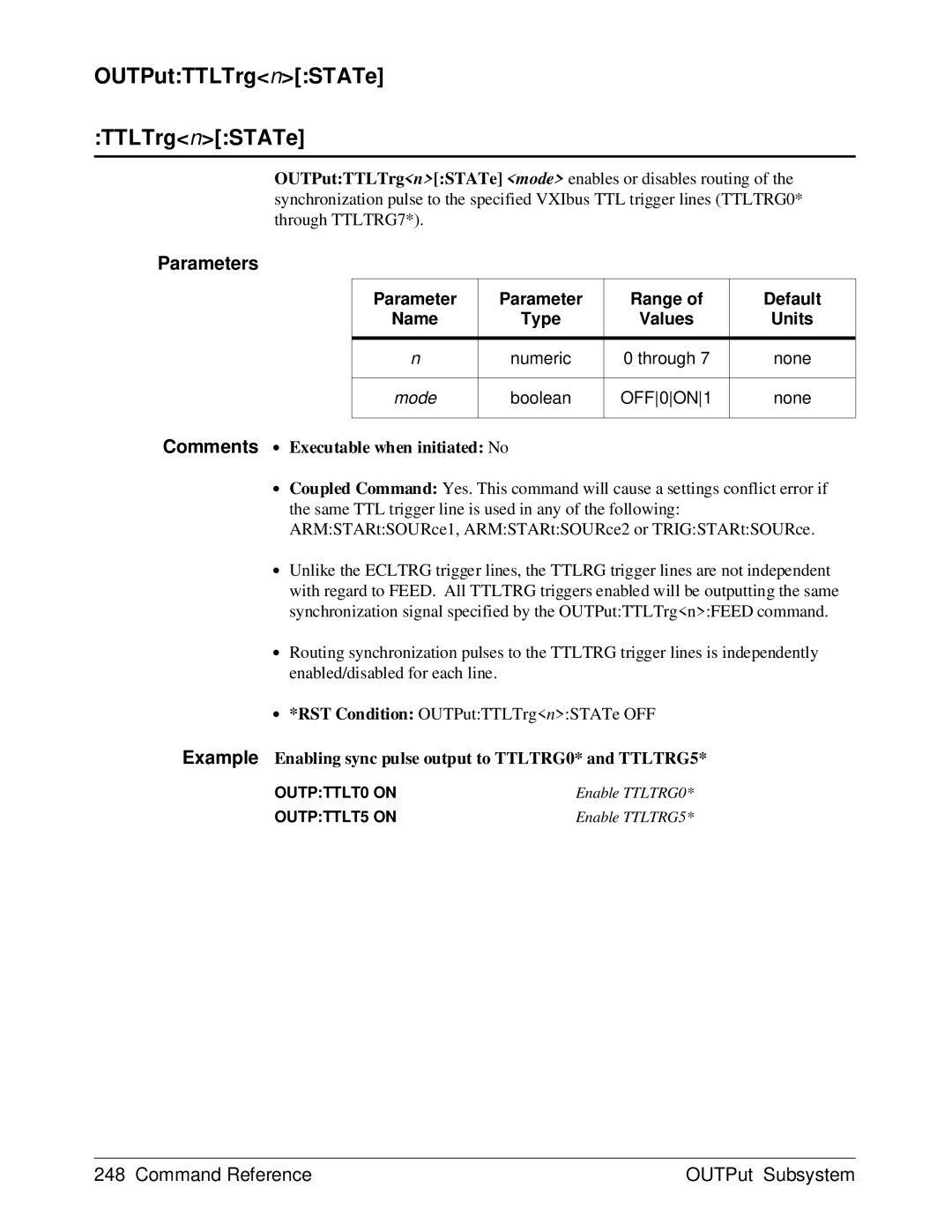 HP E1429A manual OUTPutTTLTrgnSTATe, Example Enabling sync pulse output to TTLTRG0* and TTLTRG5 