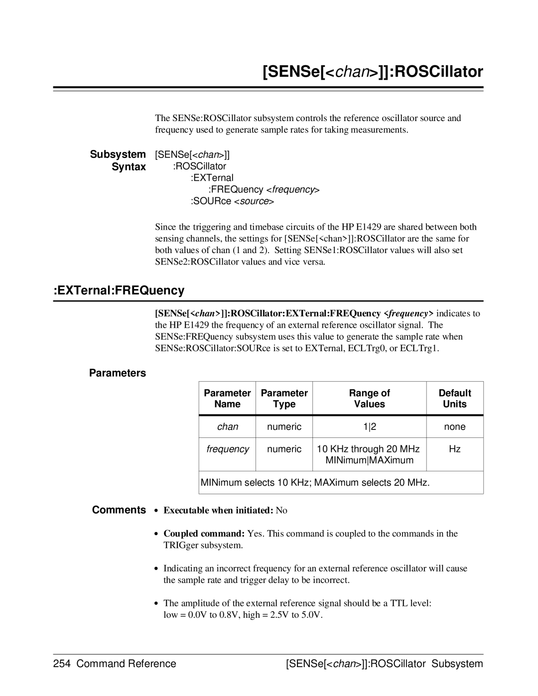 HP E1429A manual SENSechanROSCillator, EXTernalFREQuency 