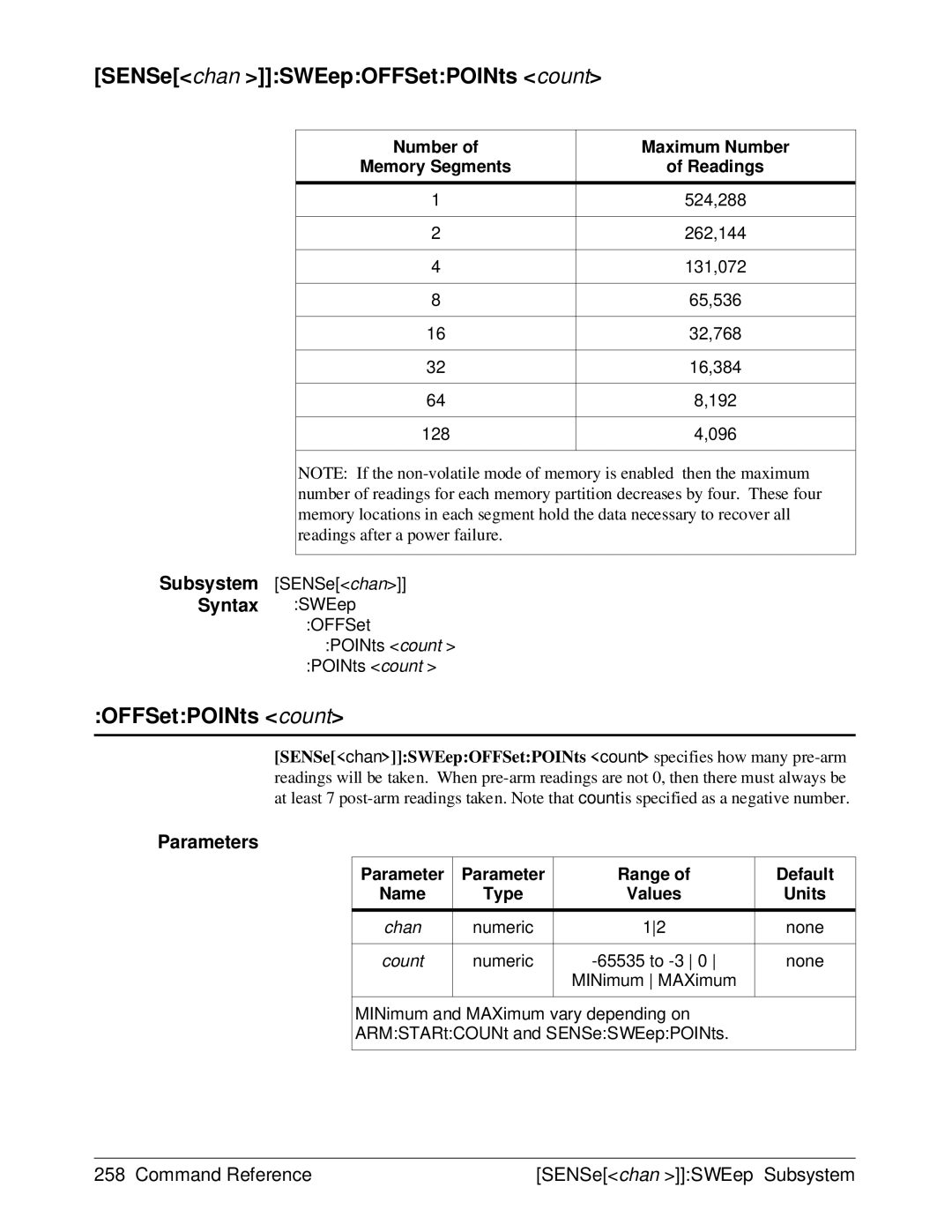 HP E1429A manual SENSechan SWEepOFFSetPOINts count, Number Maximum Number Memory Segments 