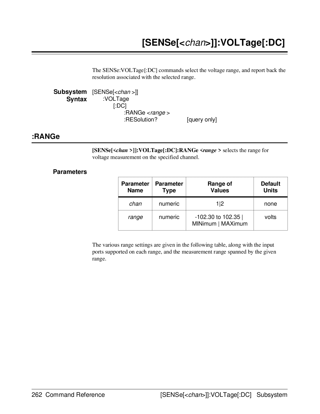 HP E1429A manual SENSechanVOLTageDC, SENSechan VOLTageDCRANGe range selects the range for 