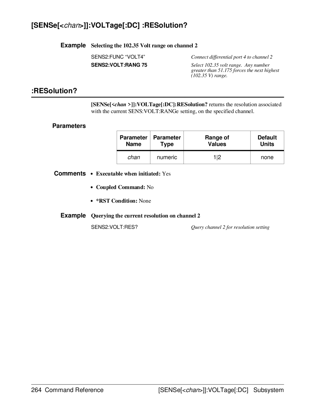 HP E1429A manual SENSechanVOLTageDC RESolution?, Example Selecting the 102.35 Volt range on channel 