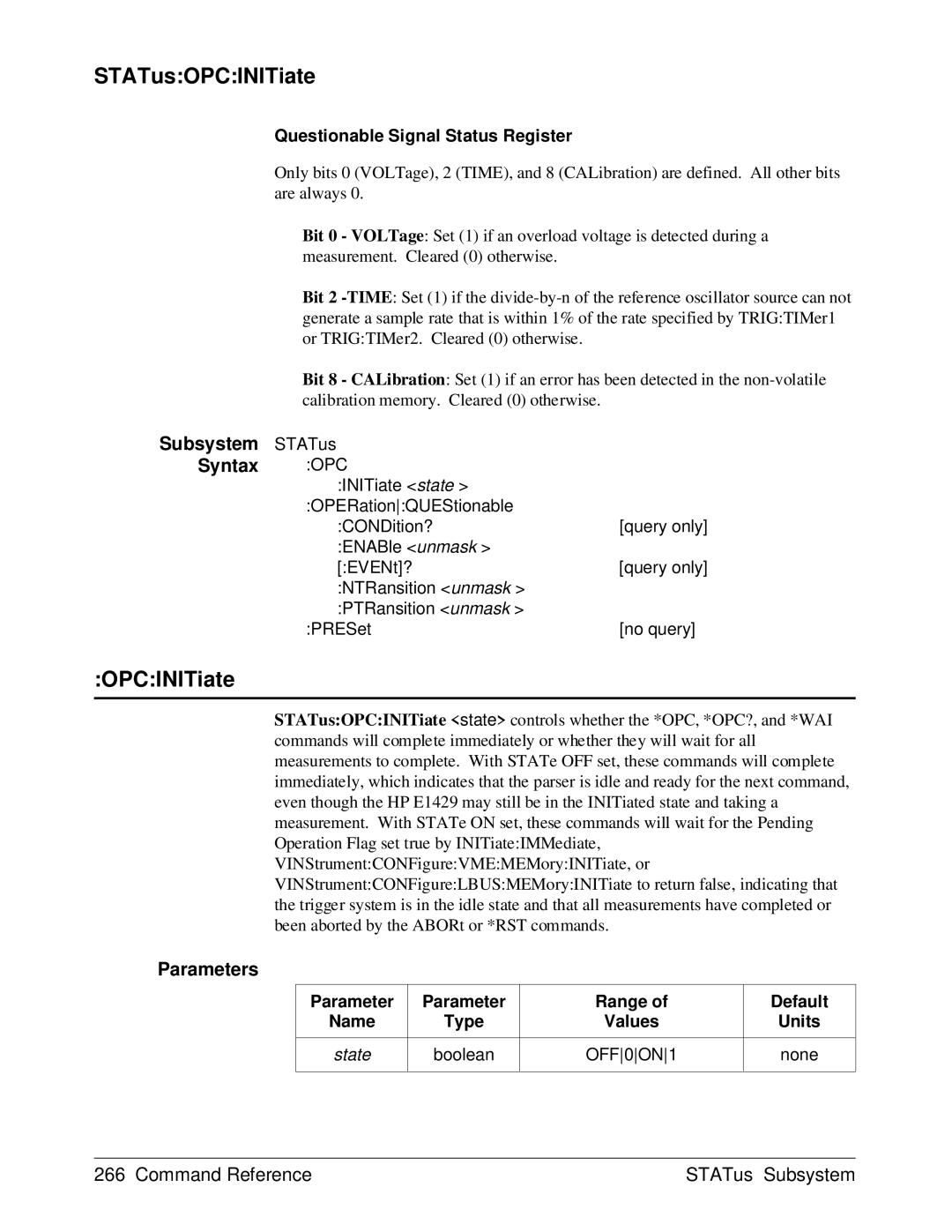 HP E1429A manual STATusOPCINITiate, Subsystem Syntax Questionable Signal Status Register 