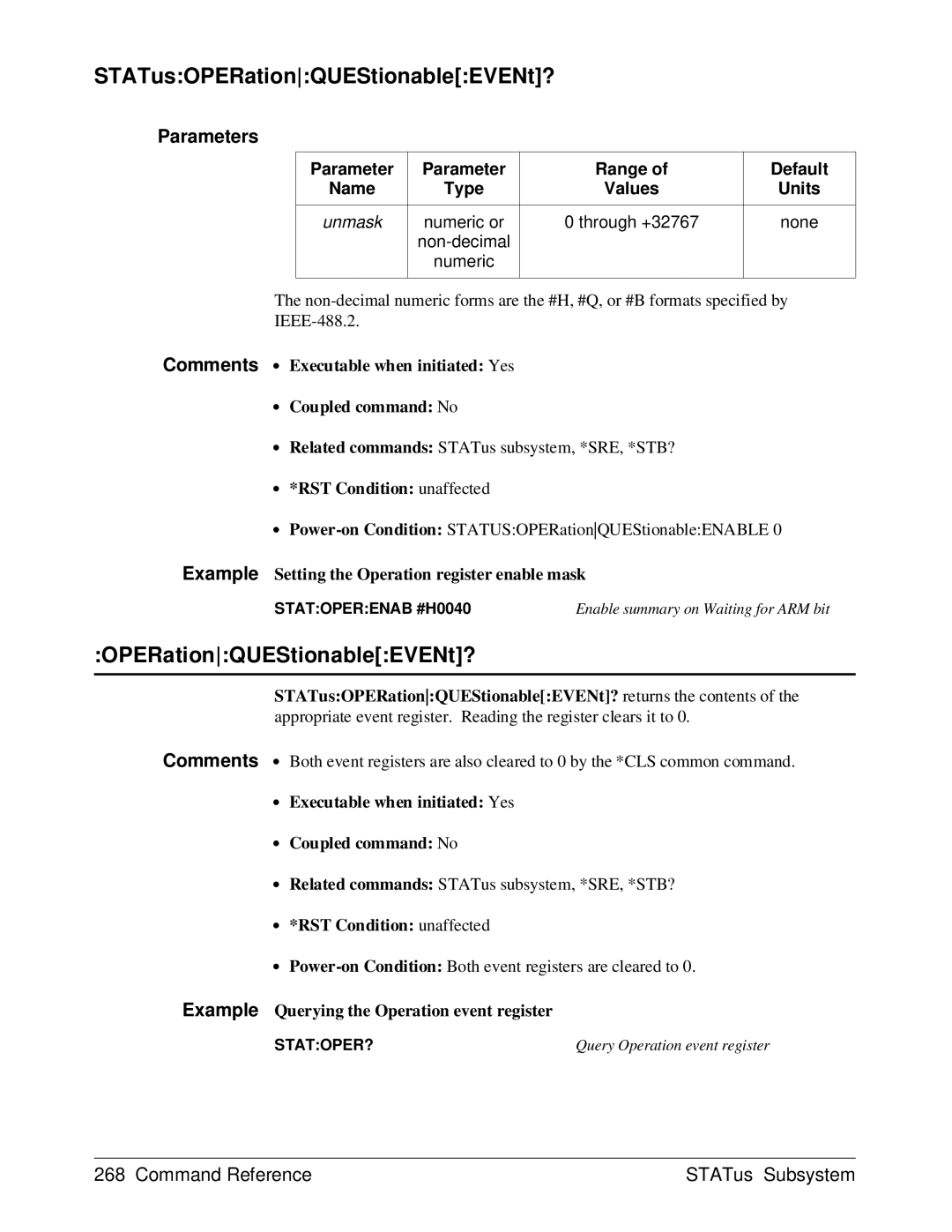 HP E1429A manual STATusOPERationQUEStionableEVENt?, Through +32767 None Non-decimal Numeric 