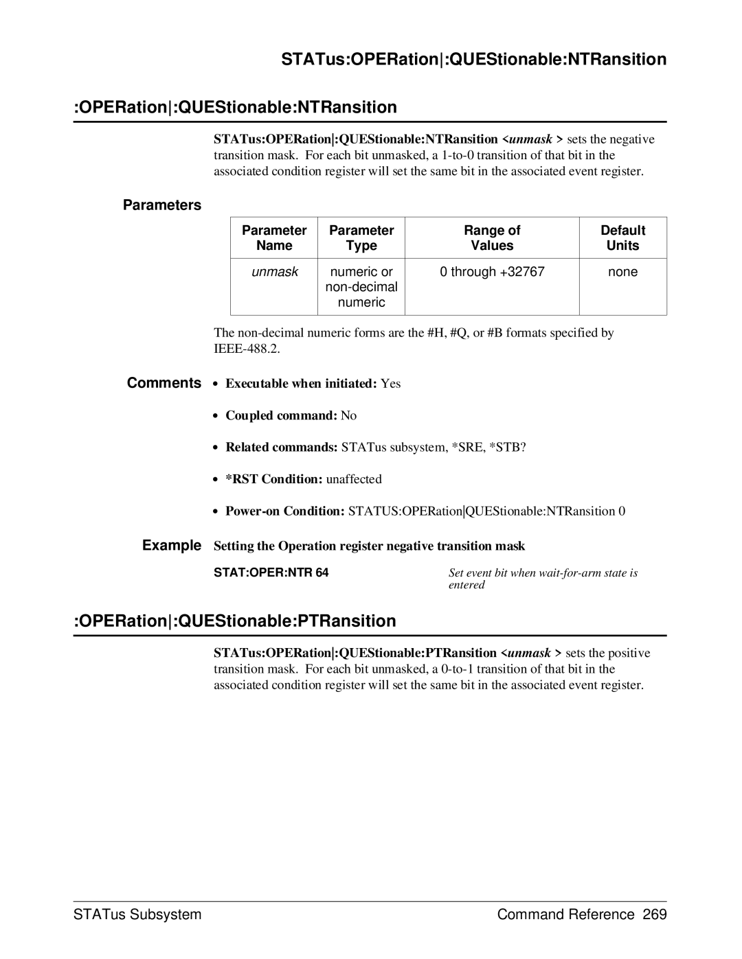 HP E1429A manual STATusOPERationQUEStionableNTRansition, OPERationQUEStionablePTRansition 