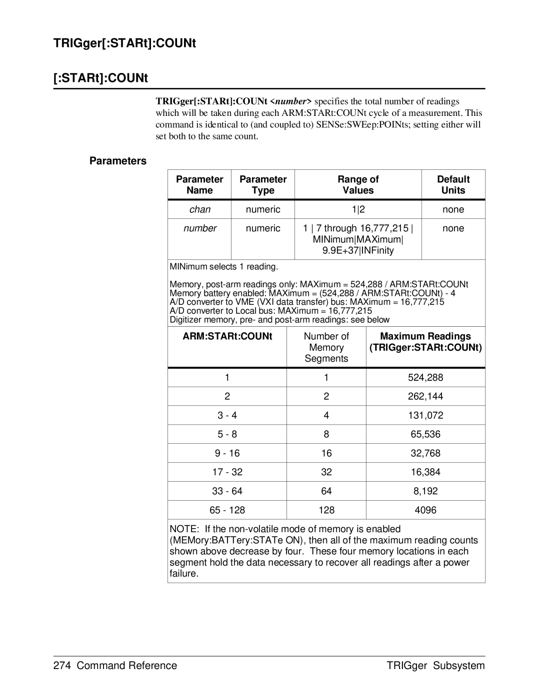 HP E1429A manual TRIGgerSTARtCOUNt, Parameters 