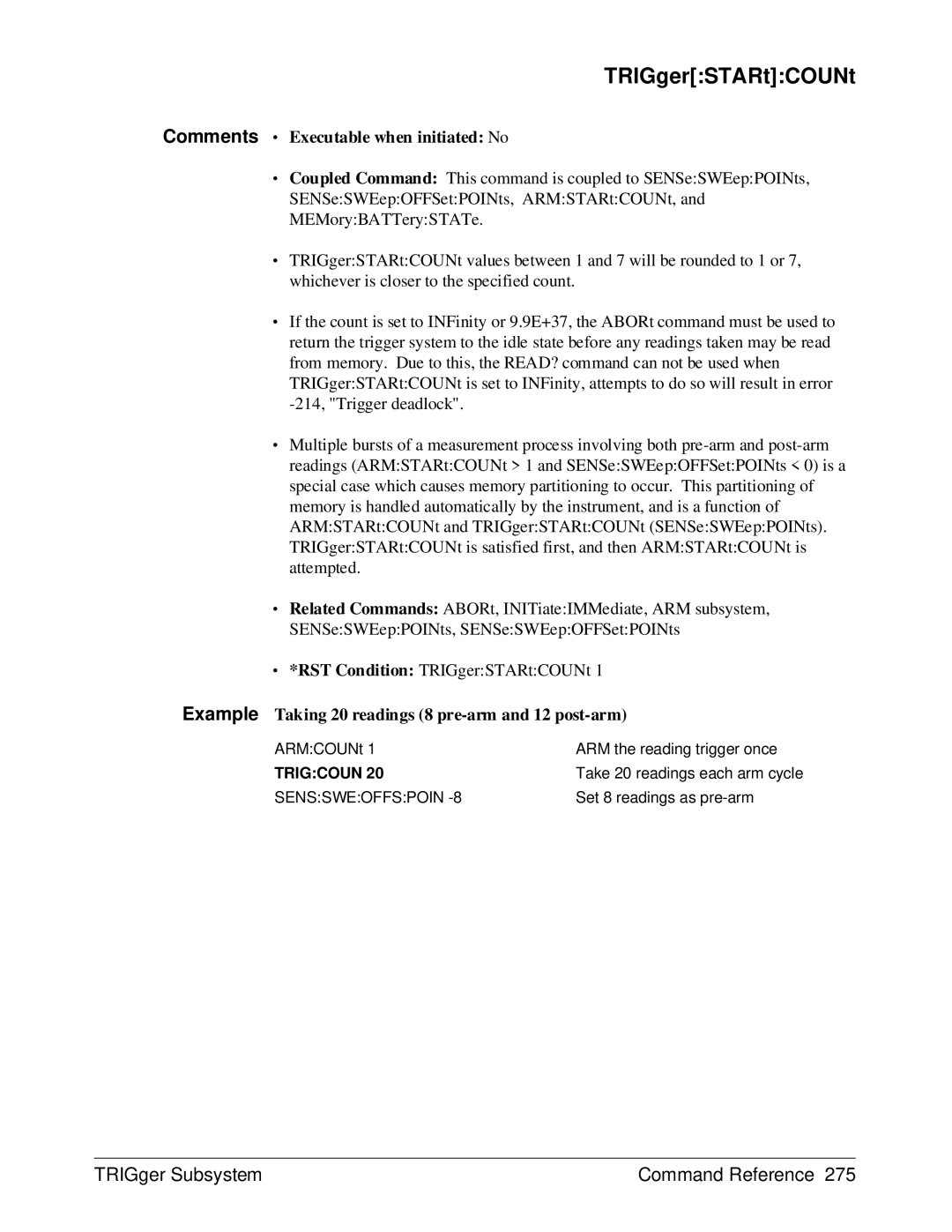 HP E1429A manual Comments ∙ Executable when initiated No, Example Taking 20 readings 8 pre-arm and 12 post-arm 