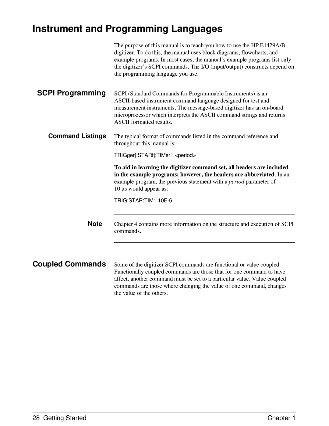 HP E1429A manual Instrument and Programming Languages, TRIGSTARTIM1 10E-6 