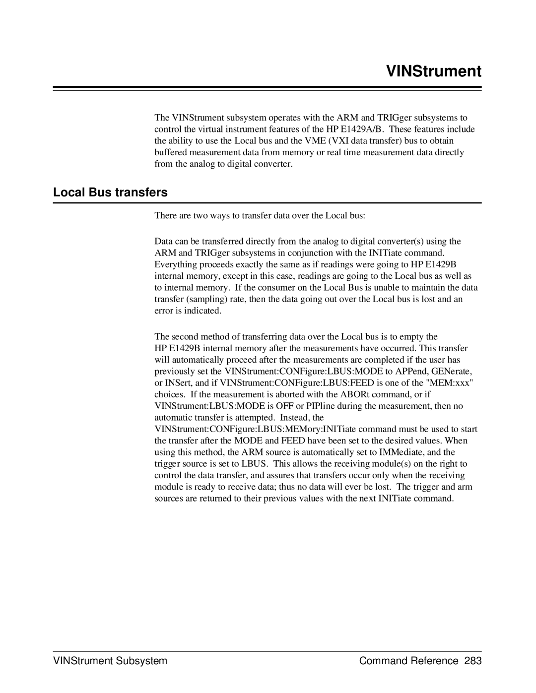 HP E1429A manual VINStrument, Local Bus transfers 