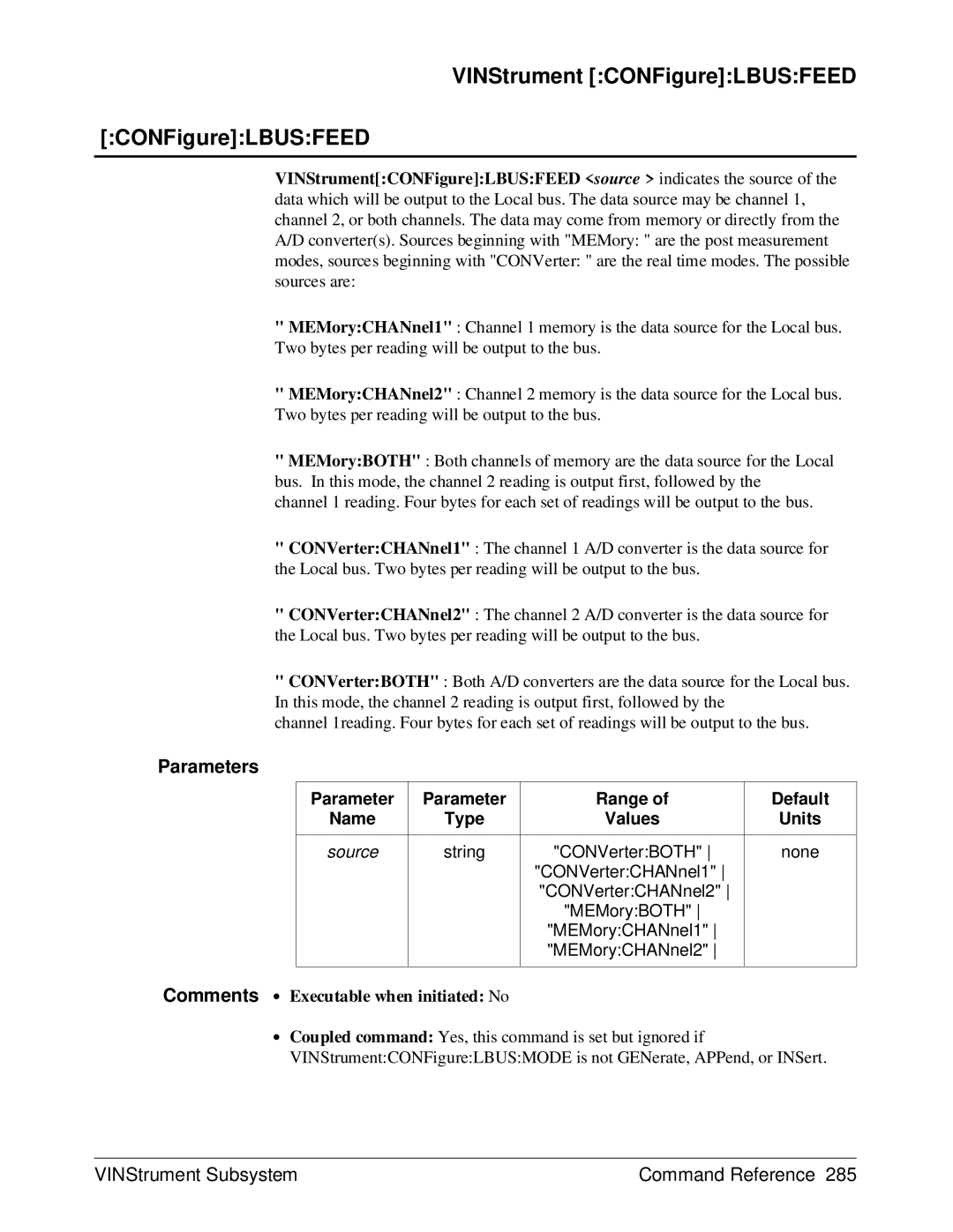 HP E1429A manual VINStrument CONFigureLBUSFEED, Parameters 