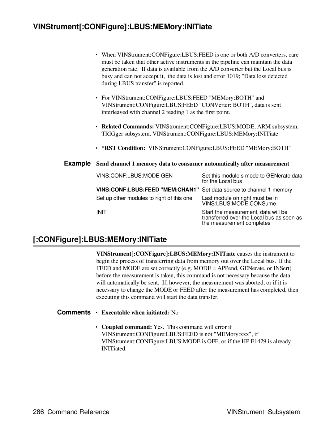 HP E1429A manual VINStrumentCONFigureLBUSMEMoryINITiate 