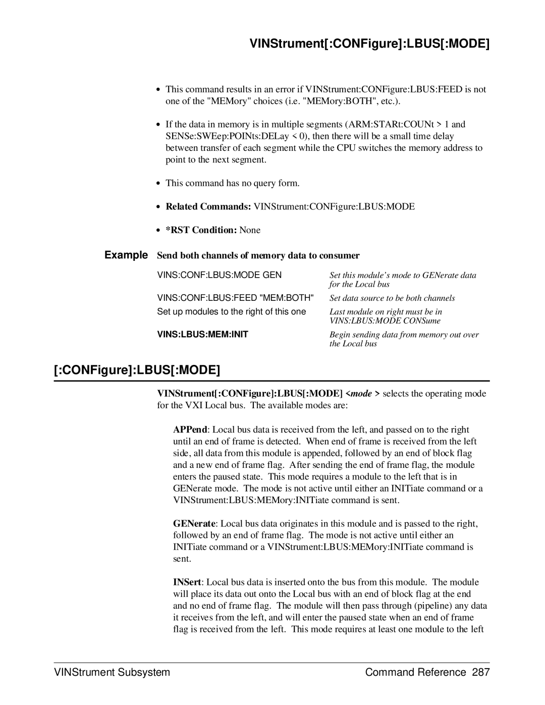 HP E1429A manual VINStrumentCONFigureLBUSMODE 