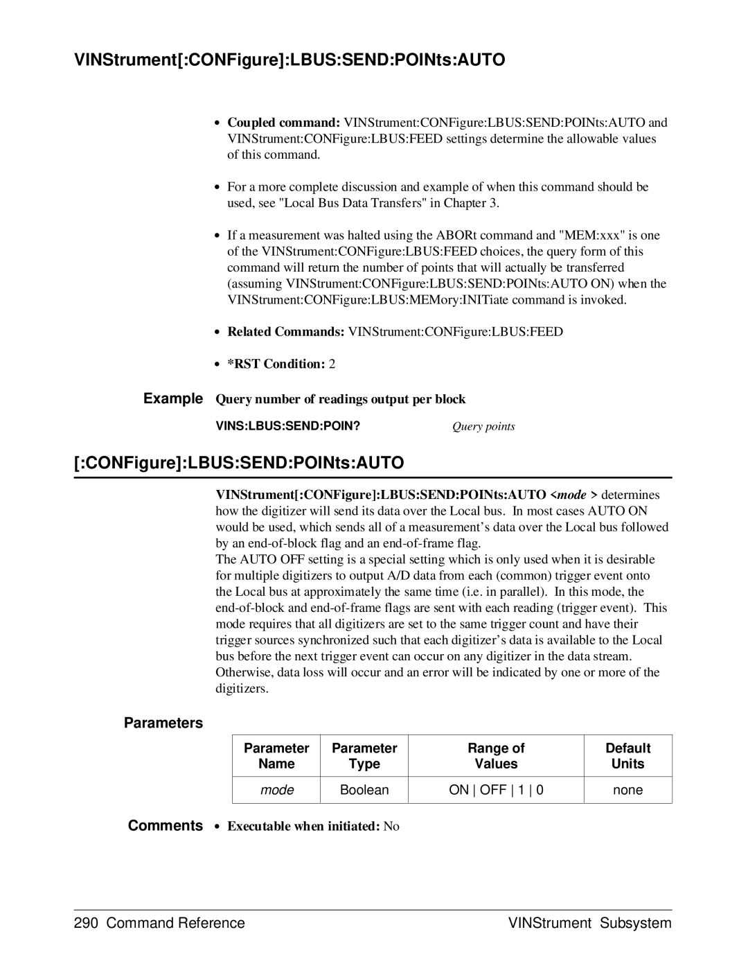 HP E1429A manual VINStrumentCONFigureLBUSSENDPOINtsAUTO, Boolean On OFF None 