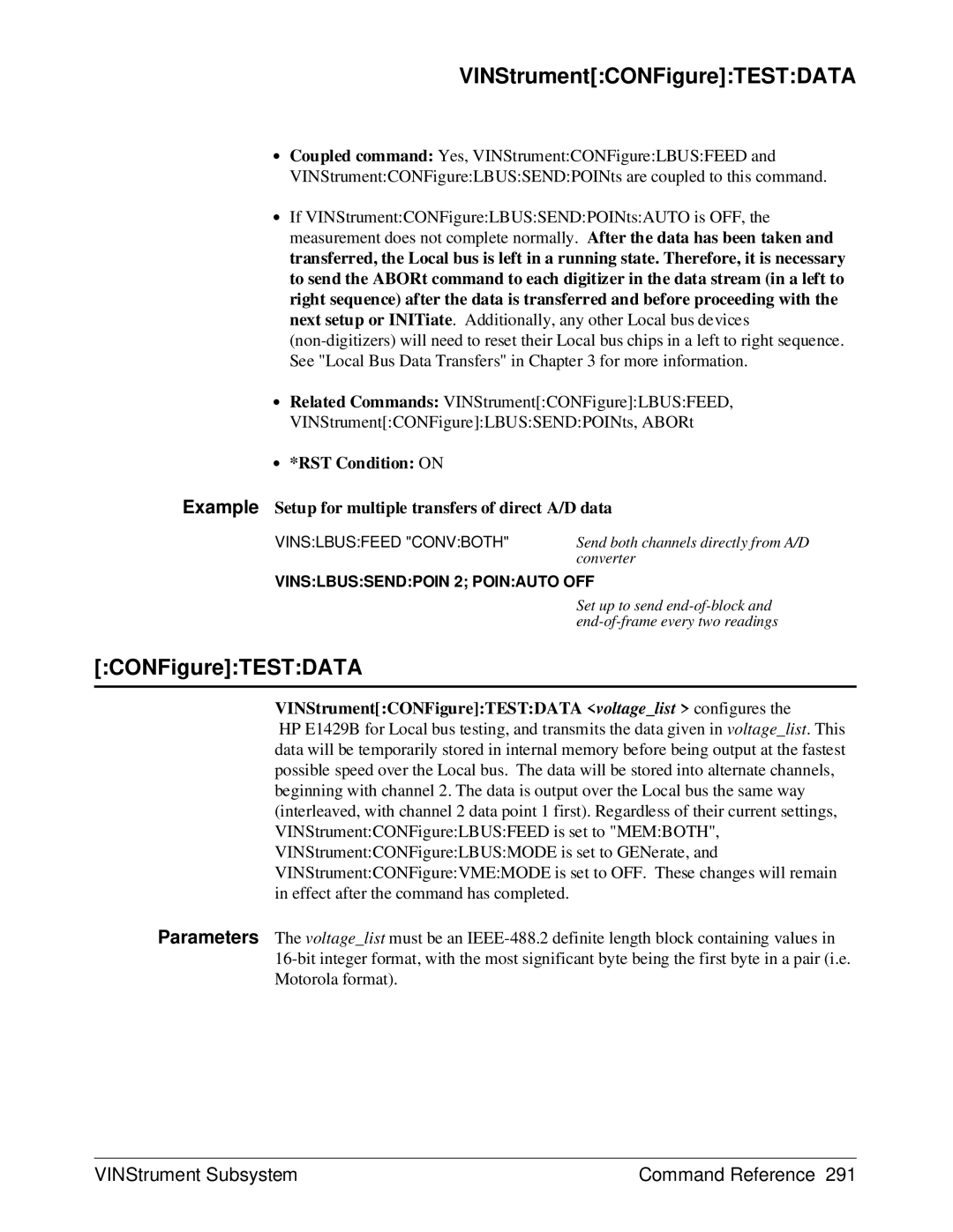 HP E1429A manual VINStrumentCONFigureTESTDATA voltagelist configures 