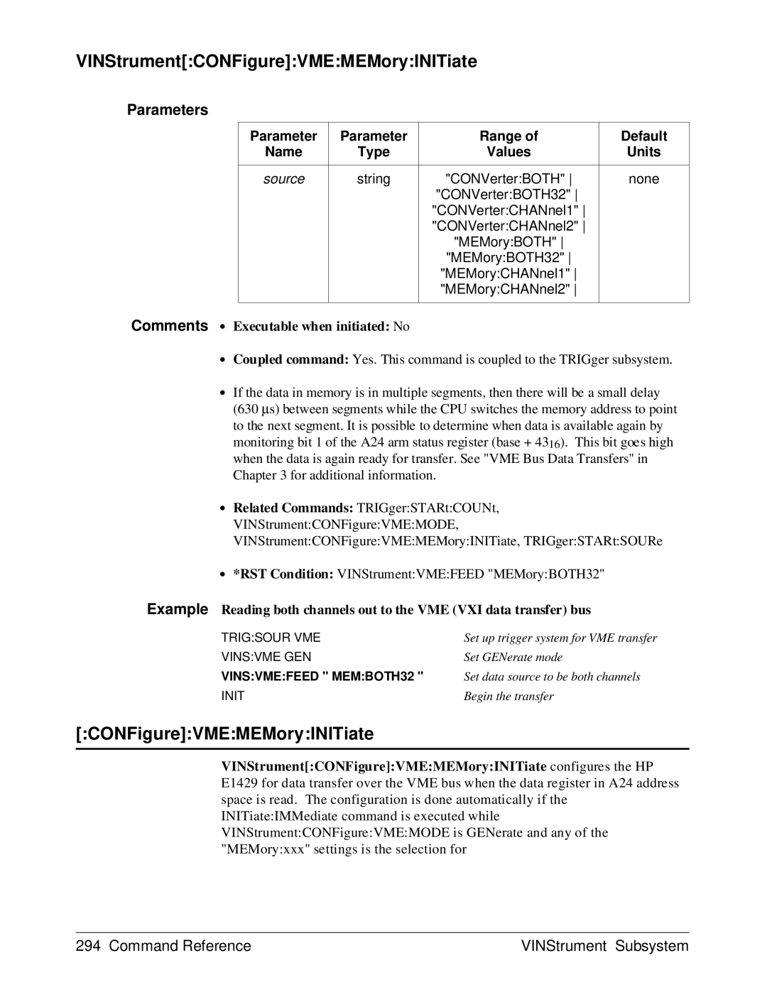 HP E1429A manual VINStrumentCONFigureVMEMEMoryINITiate 