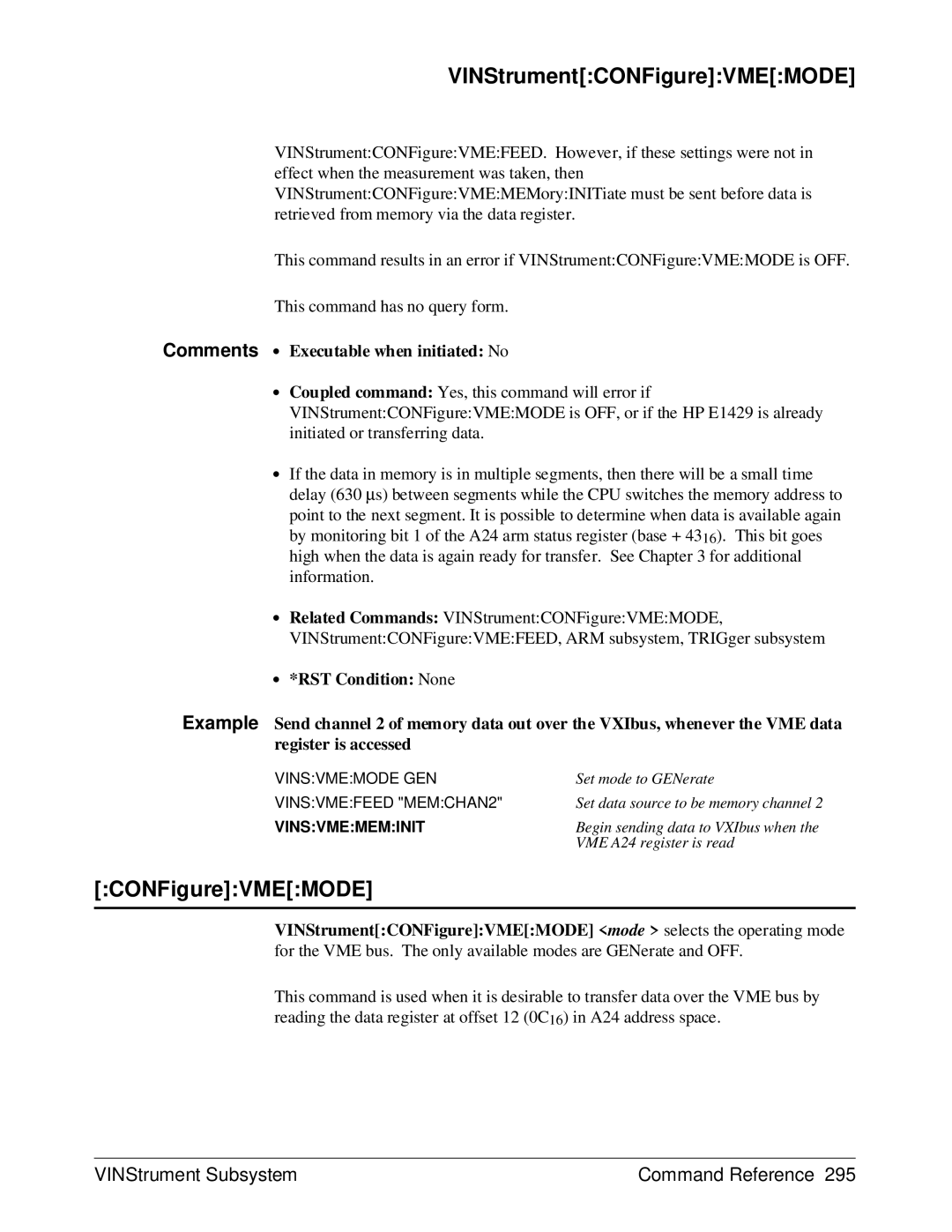 HP E1429A manual VINStrumentCONFigureVMEMODE 