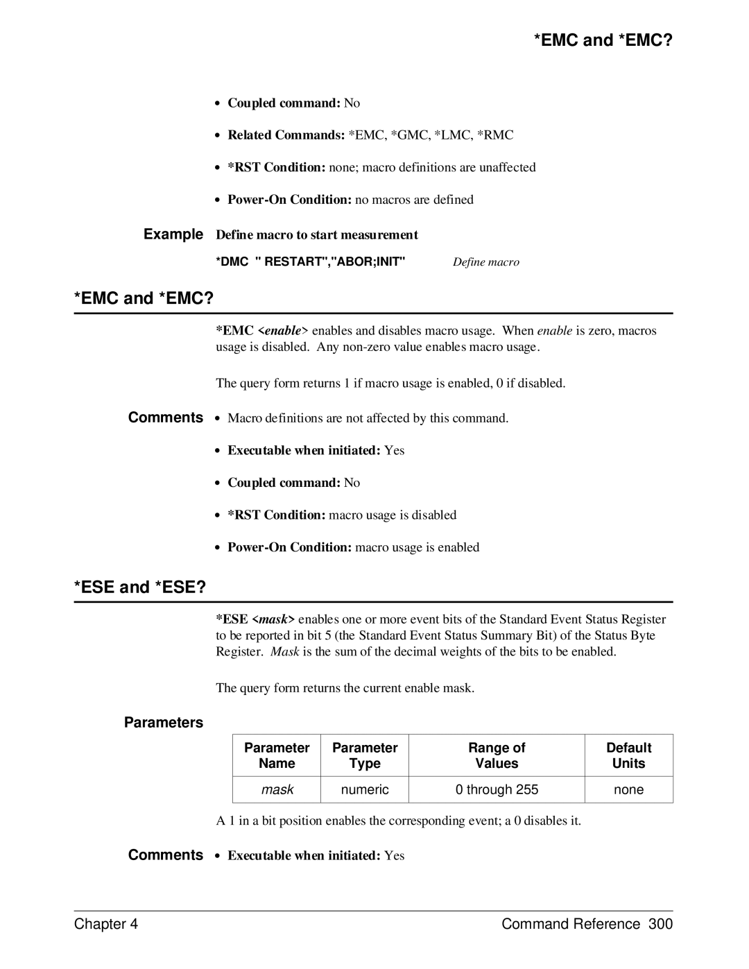 HP E1429A manual EMC and *EMC?, ESE and *ESE?, Example Define macro to start measurement 