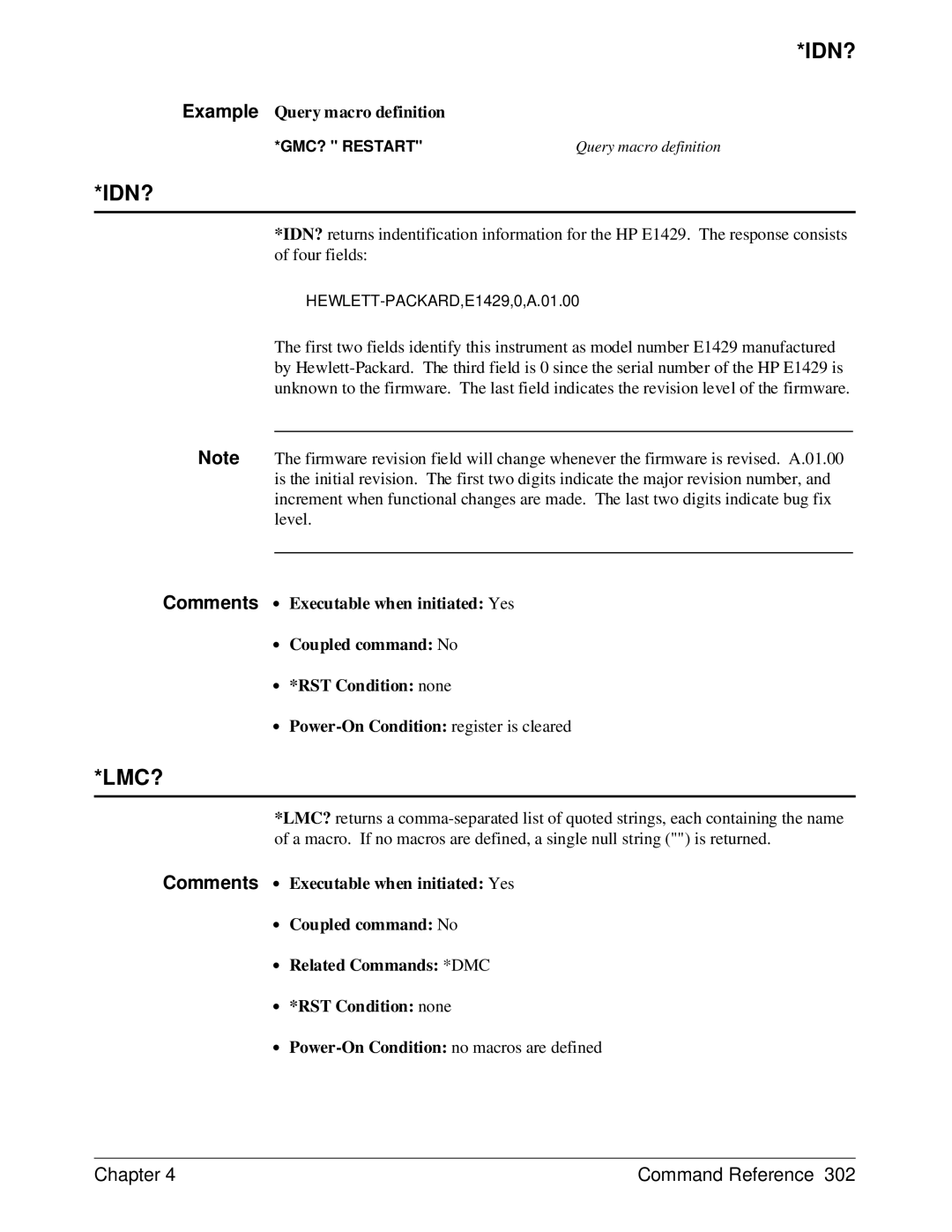 HP E1429A manual Idn?, Lmc?, Example Query macro definition, HEWLETT-PACKARD,E1429,0,A.01.00 