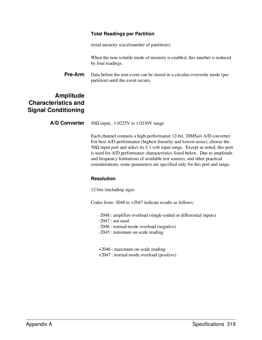 HP E1429A manual Amplitude Characteristics Signal Conditioning, Total Readings per Partition 