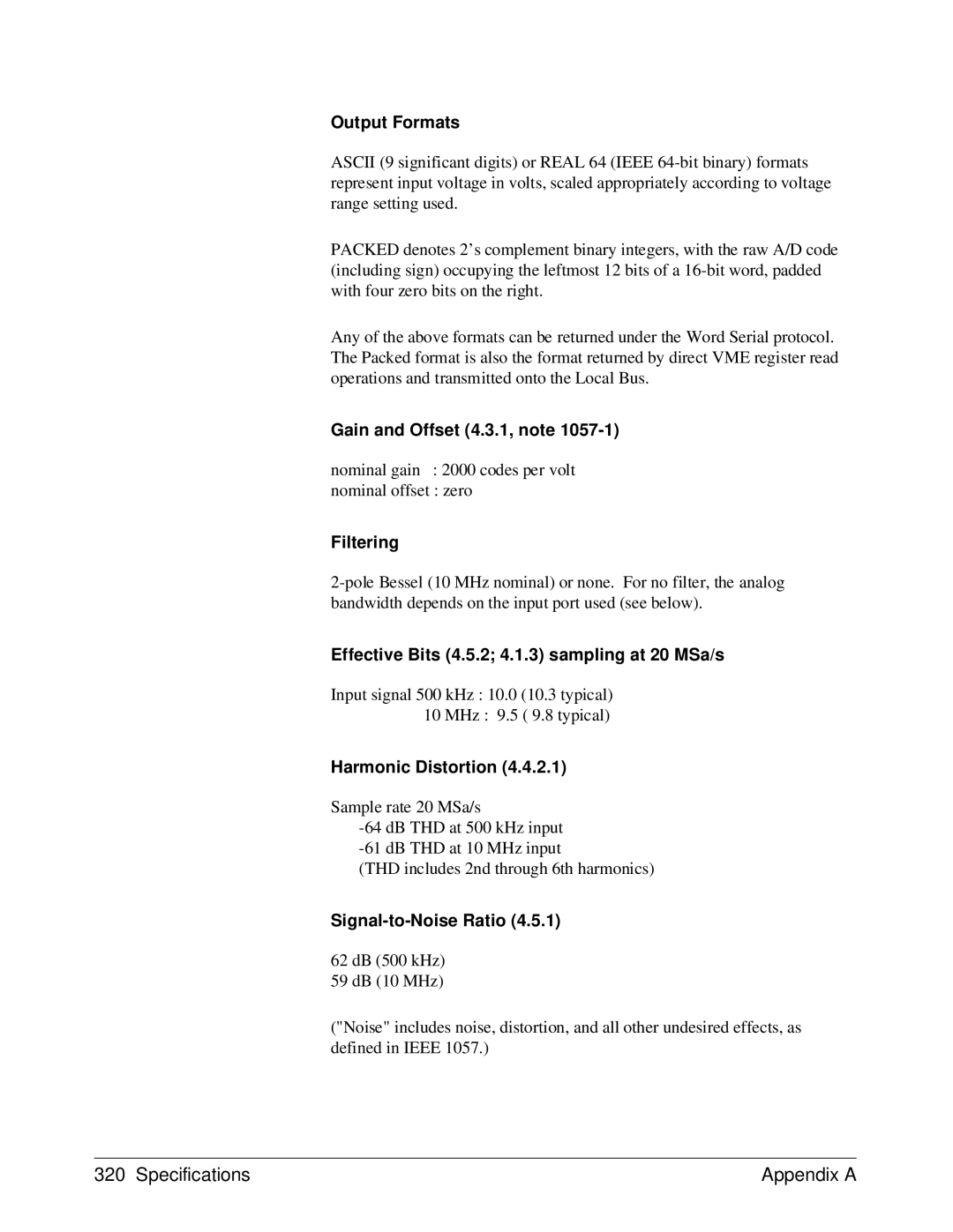 HP E1429A manual Output Formats, Gain and Offset 4.3.1, note, Filtering, Effective Bits 4.5.2 4.1.3 sampling at 20 MSa/s 