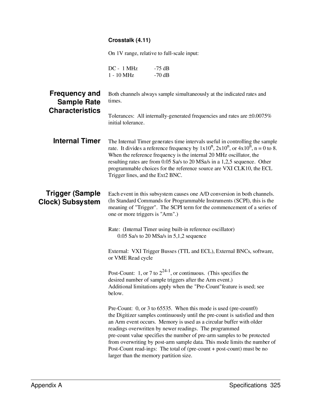 HP E1429A manual Frequency Sample Rate Characteristics Internal Timer, Trigger Sample Clock Subsystem, Crosstalk 