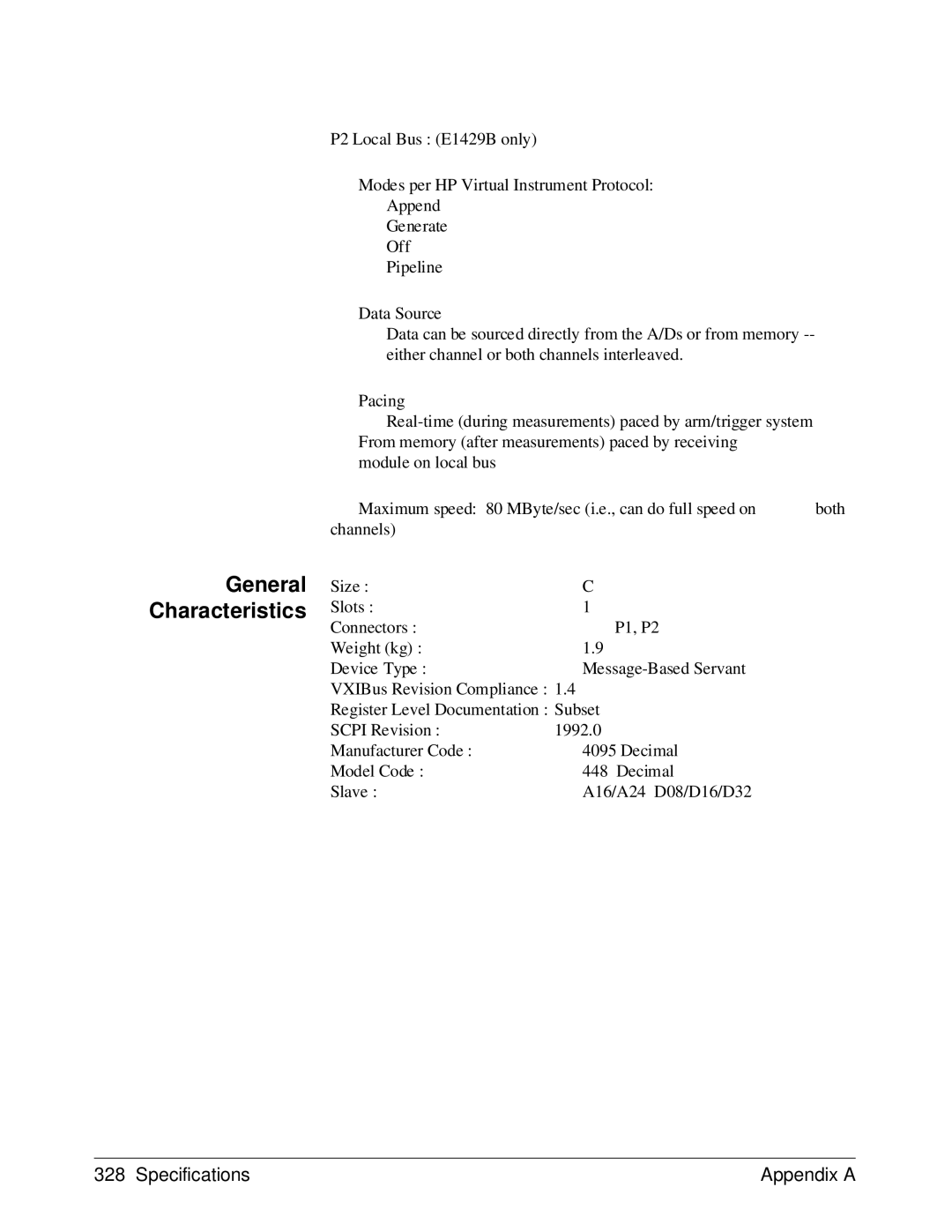 HP E1429A manual General Characteristics 