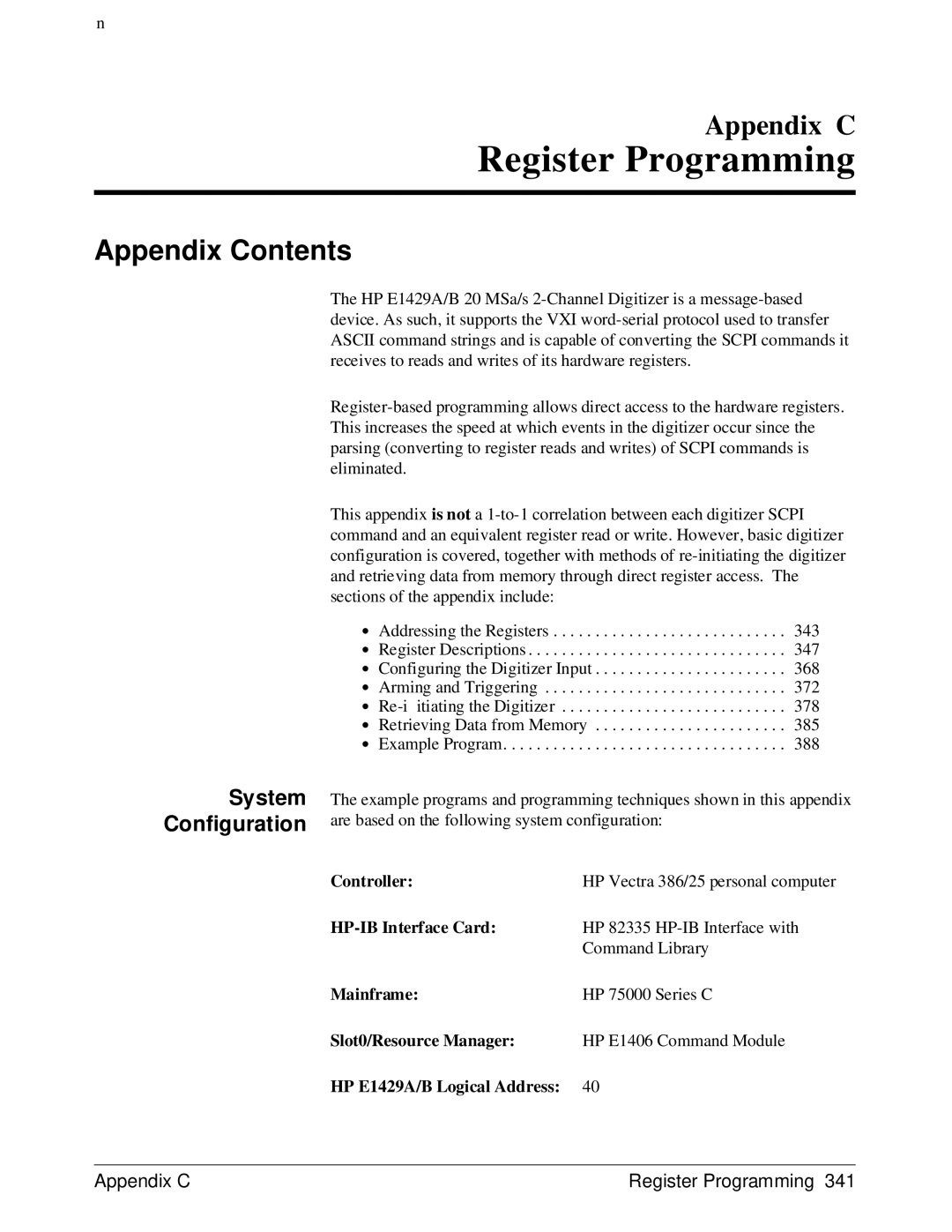 HP E1429A manual Register Programming, System Configuration 