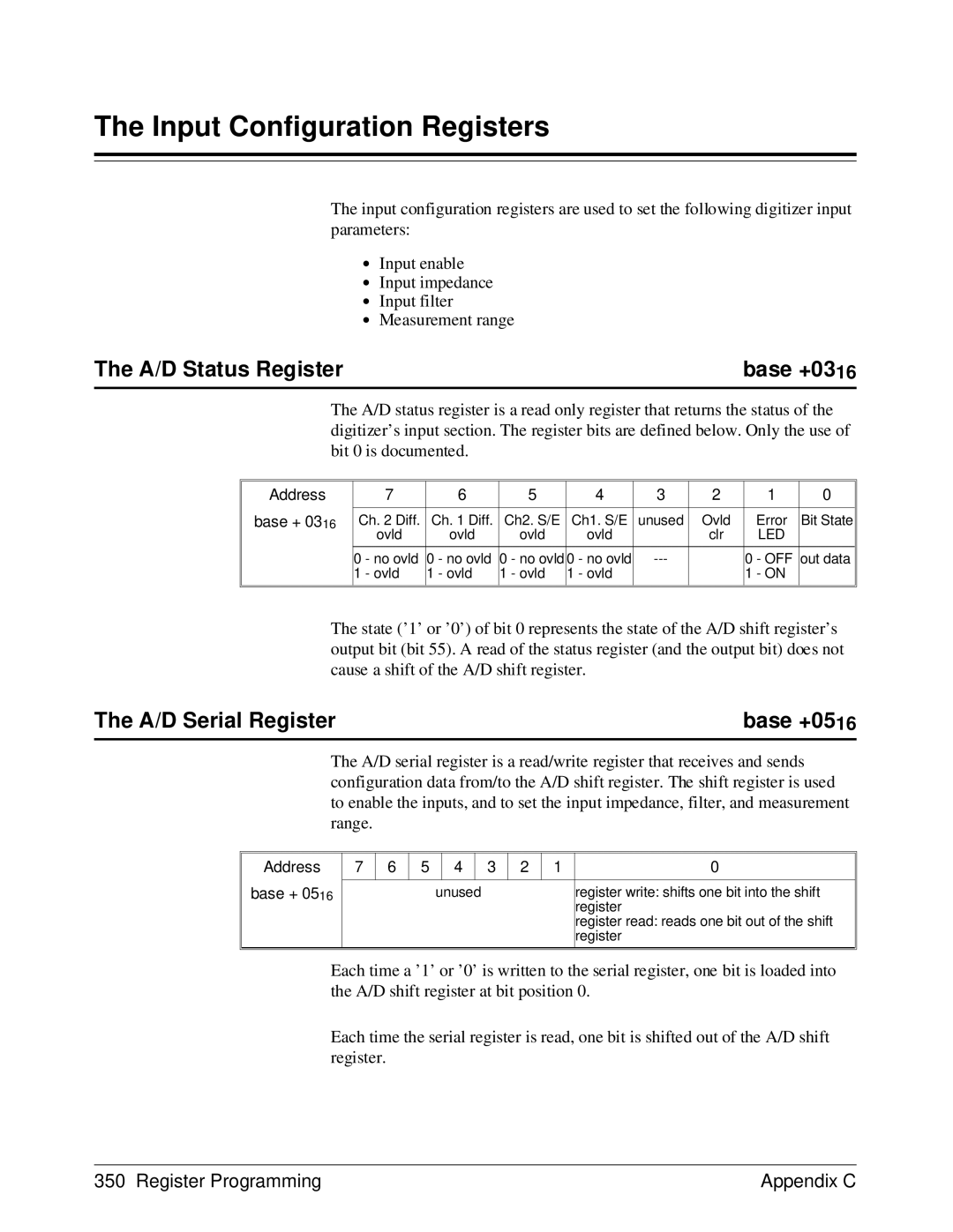 HP E1429A manual Input Configuration Registers, A/D Status Register, A/D Serial Register, Base +0316, Base +0516 