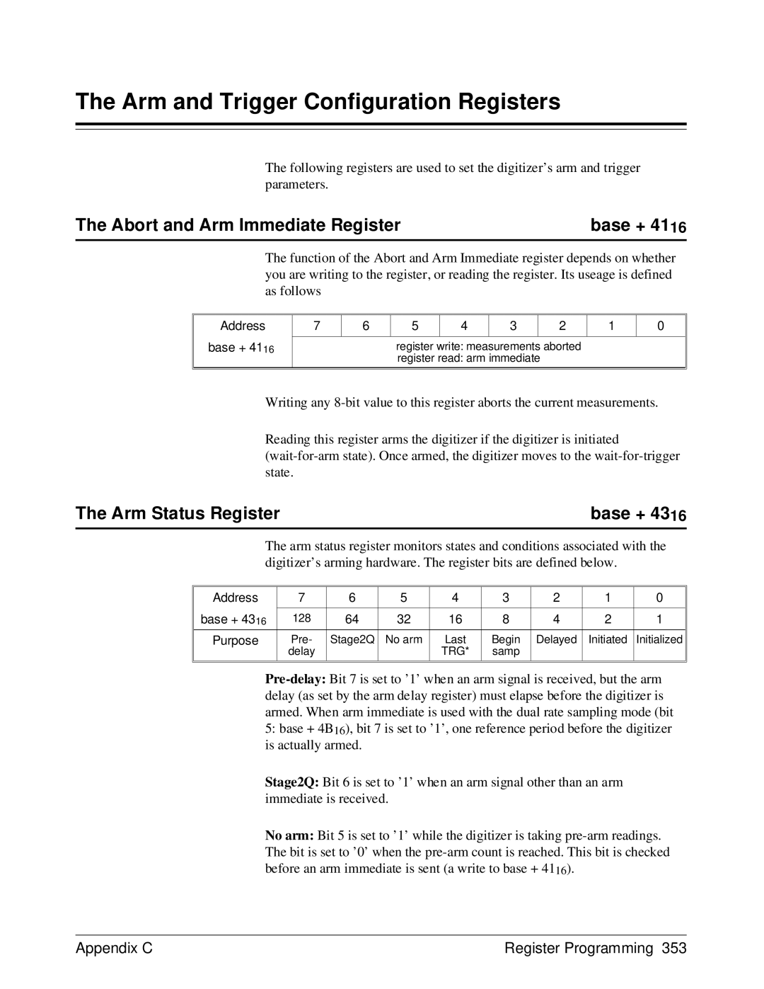 HP E1429A manual Arm and Trigger Configuration Registers, Abort and Arm Immediate Register, Arm Status Register, Base + 