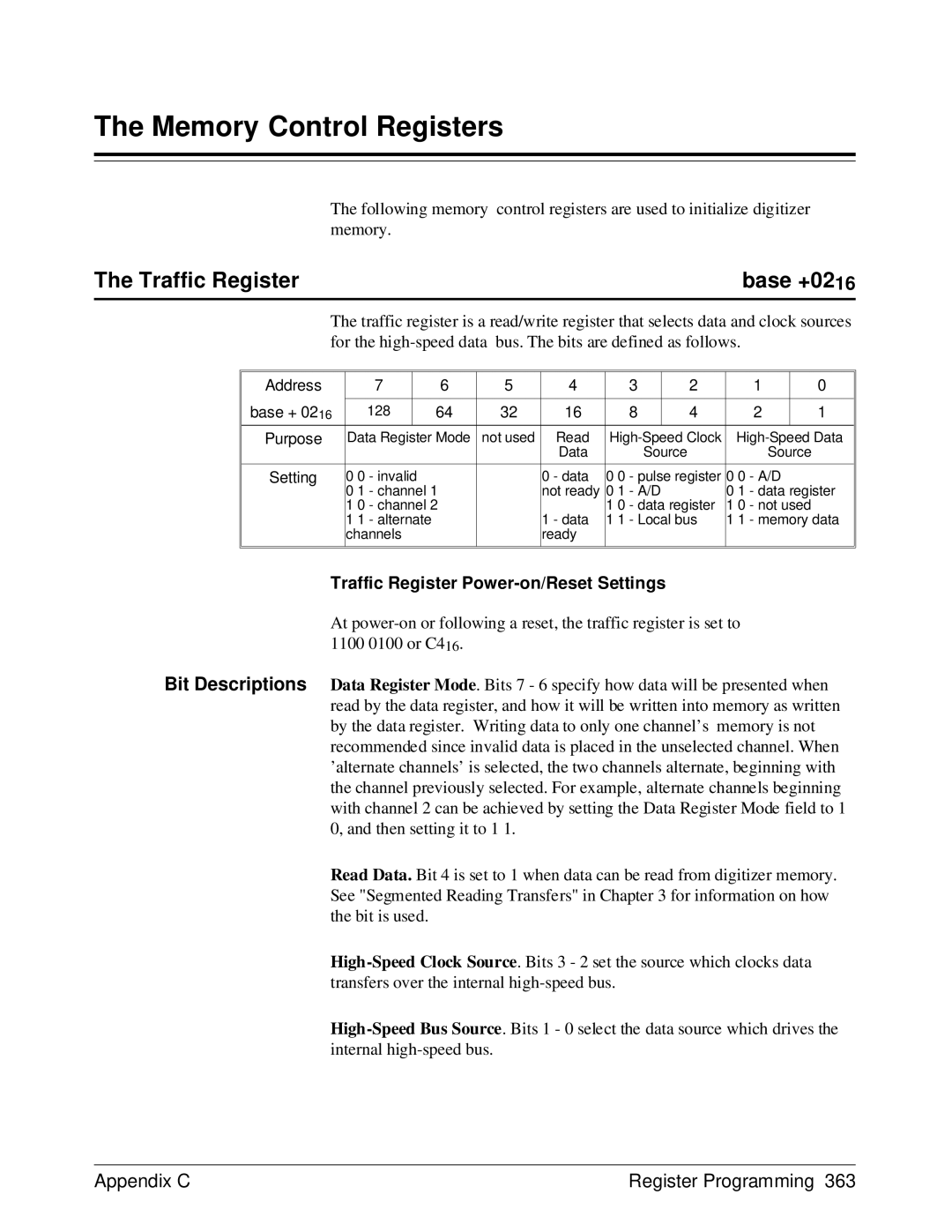 HP E1429A manual Memory Control Registers, Base +0216, Traffic Register Power-on/Reset Settings 