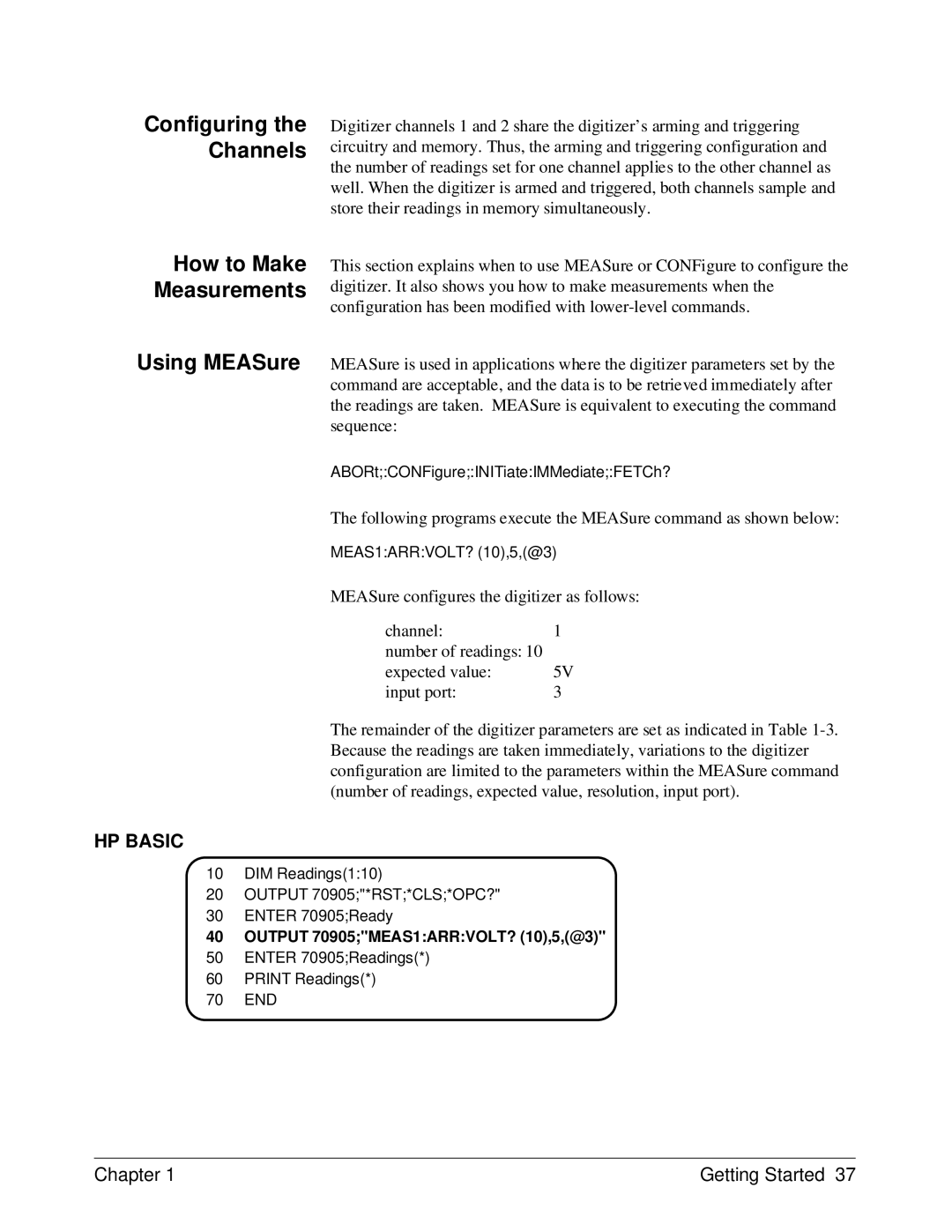 HP E1429A manual Using MEASure, Configuring the Channels, How to Make Measurements 