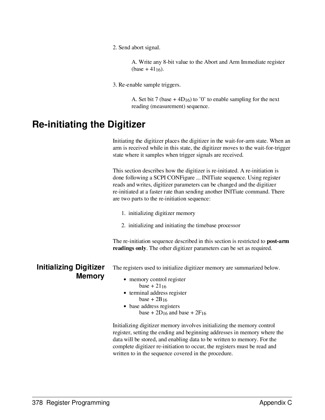 HP E1429A manual Re-initiating the Digitizer, Initializing Digitizer Memory 