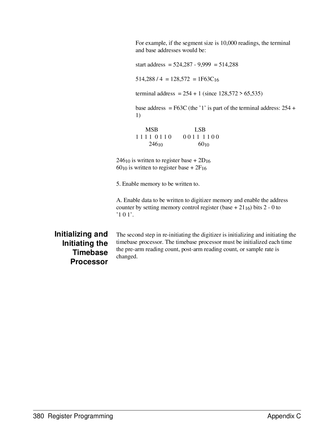 HP E1429A manual Initializing Initiating Timebase Processor, Msb Lsb 