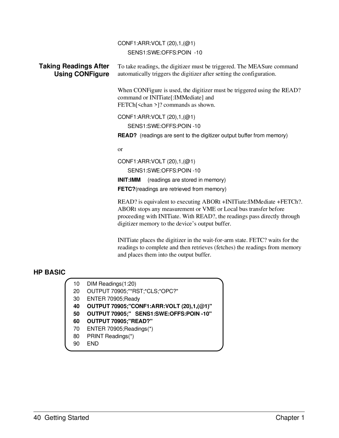 HP E1429A manual Taking Readings After Using CONFigure, SENS1SWEOFFSPOIN 